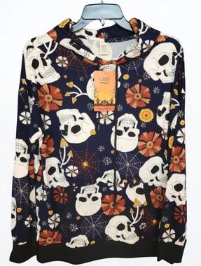 Lildy Navy/Orange Halloween/Day of the Dead Hoodie-Skull/Floral Pattern-SZS-M